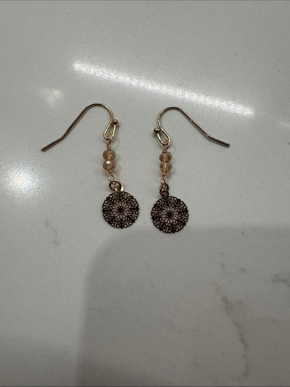 Gold Filigree Drop Earrings with Champagne Beads - Women Jewelry